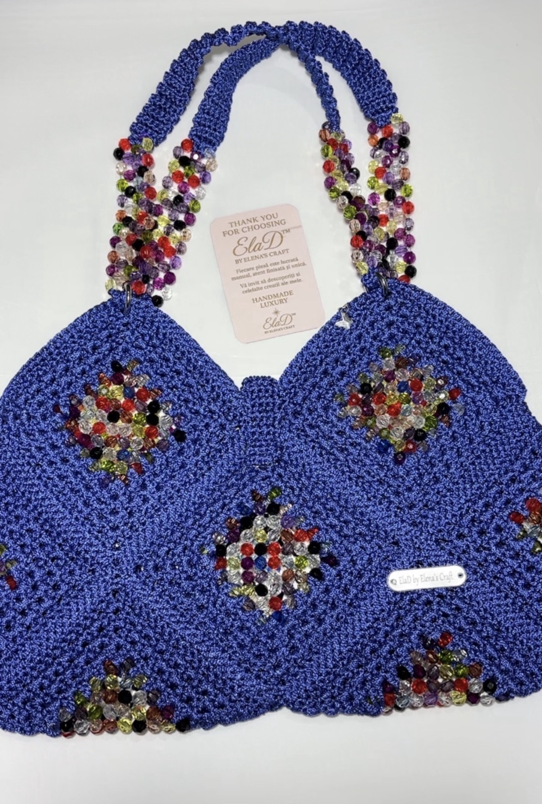 Geantă handmade croșetată albastru regal cu cristale multicolore � ElaD by Elena�s Craft - genți și portofele - genți de mână și umăr - geantă casual - Artynos.ro