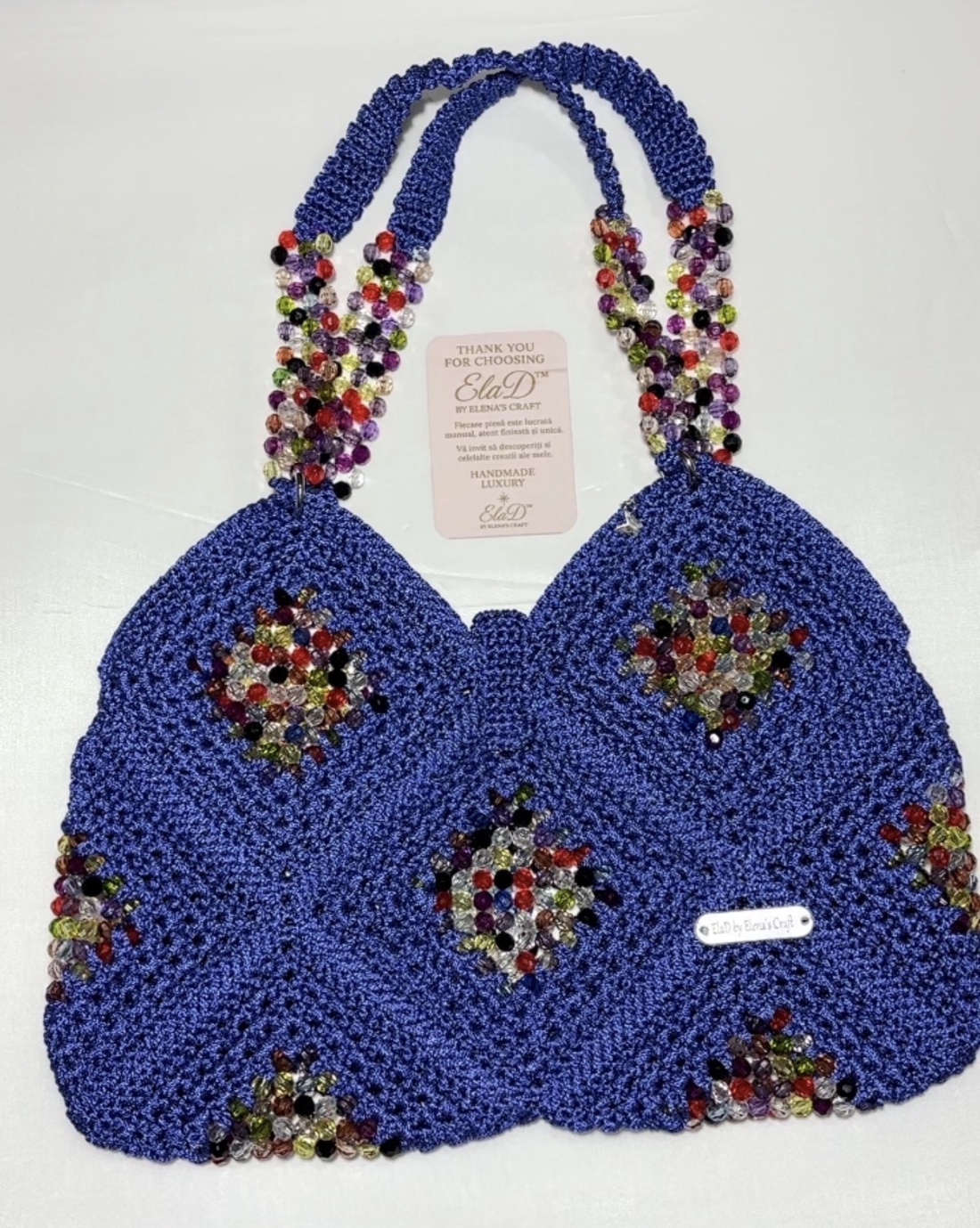 Geantă handmade croșetată albastru regal cu cristale multicolore � ElaD by Elena�s Craft - genți și portofele - genți de mână și umăr - geantă casual - Artynos.ro
