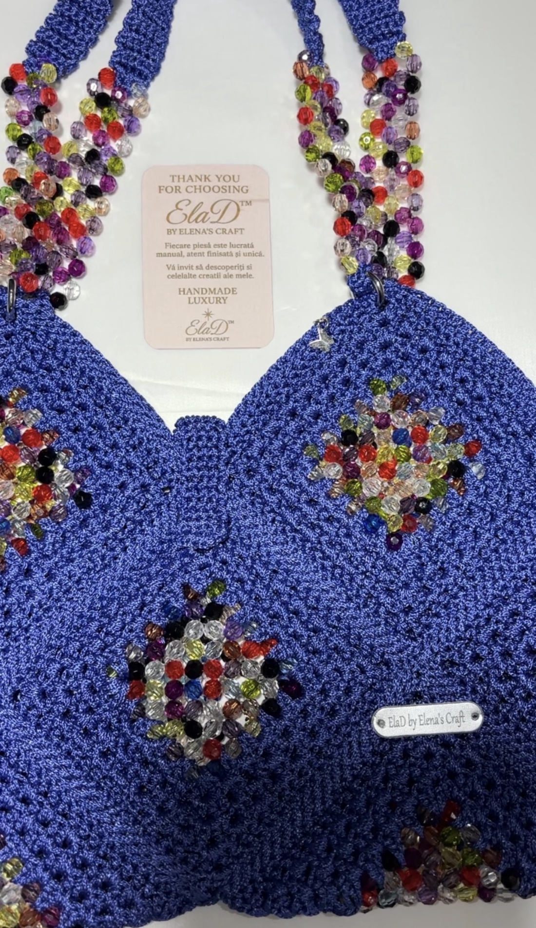Geantă handmade croșetată albastru regal cu cristale multicolore � ElaD by Elena�s Craft - genți și portofele - genți de mână și umăr - geantă casual - Artynos.ro