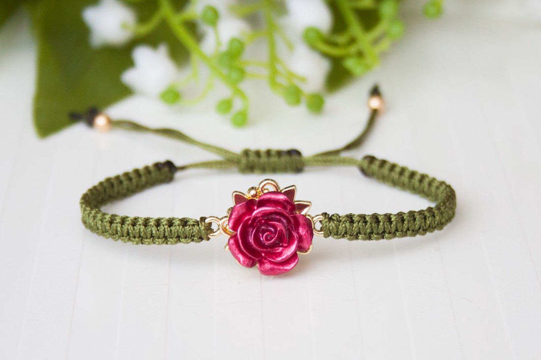 Brățară macramé împletită pentru copii - Rose green -  - Artynos.ro