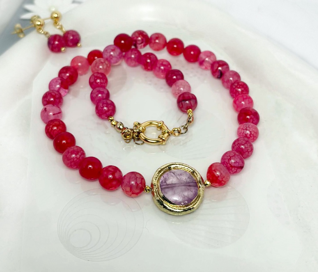Colier din agate fucsia si cuart roz - bijuterii - coliere - coliere din pietre semiprețioase - Artynos.ro