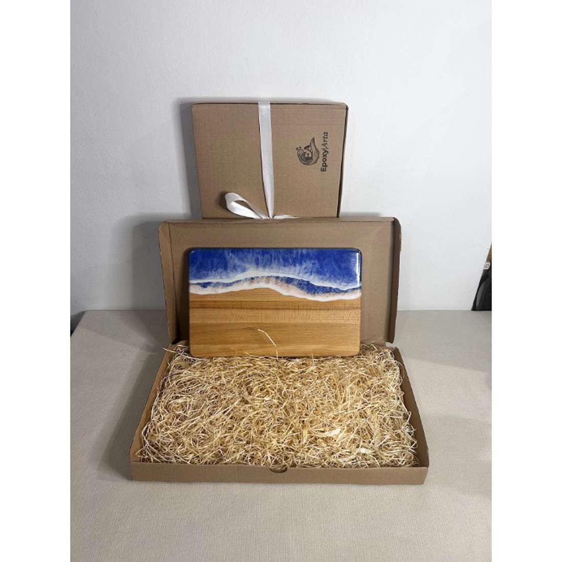 Platou / tocator de servire dreptunghiular decorativ din lemn, cu valuri, albastru - casă & stil de viață - echipamente de bucătărie - accesorii de gătit - tocătoare - Artynos.ro