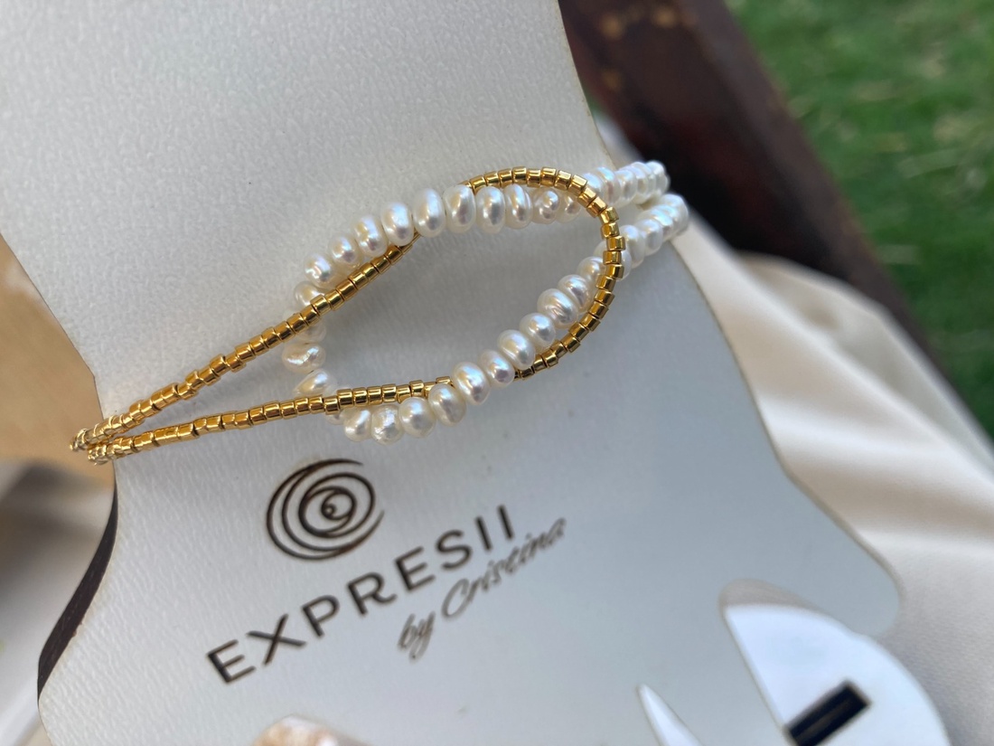 Bratara cu perle naturale si margele de sticla sufate cu aur - gold and pearls - bijuterii - brățări - brățări cu perle - Artynos.ro