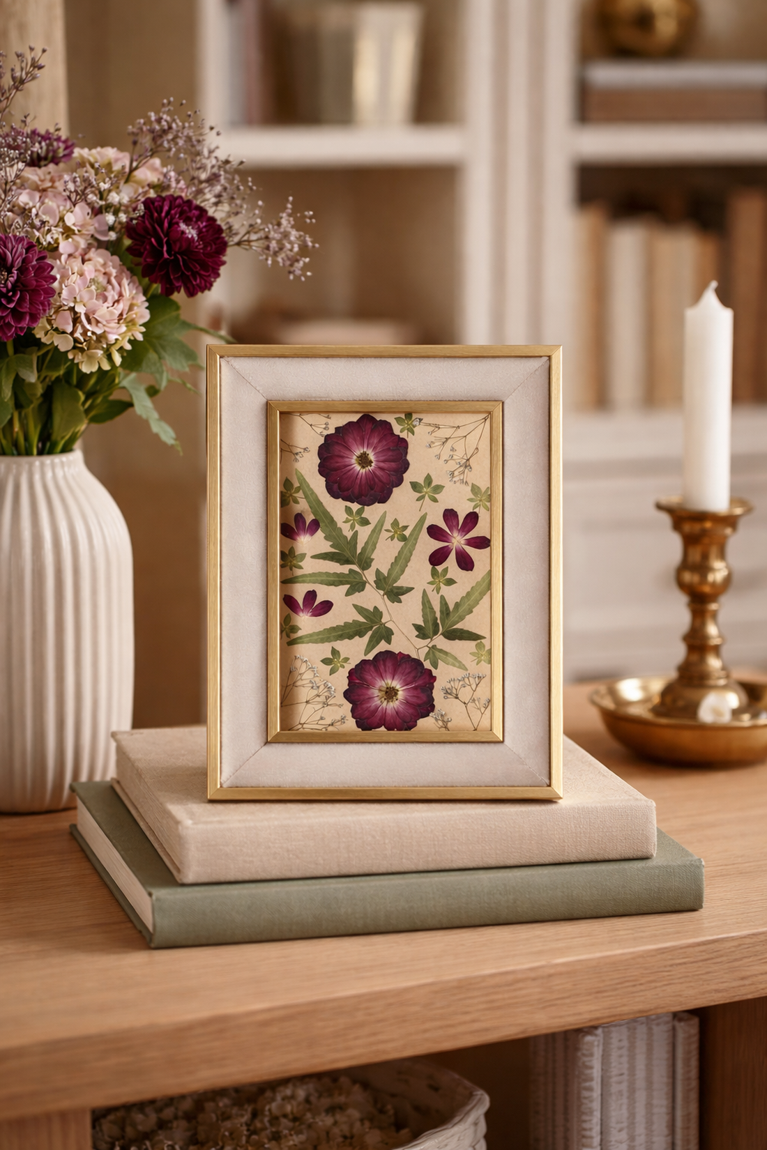 Tablou cu Flori Presate Natural - Trandafiri și Ferigă - Ramă Catifea 15x20 cm - casă & stil de viață - decorațiuni de casă - accesorii florale - buchete de flori - Artynos.ro