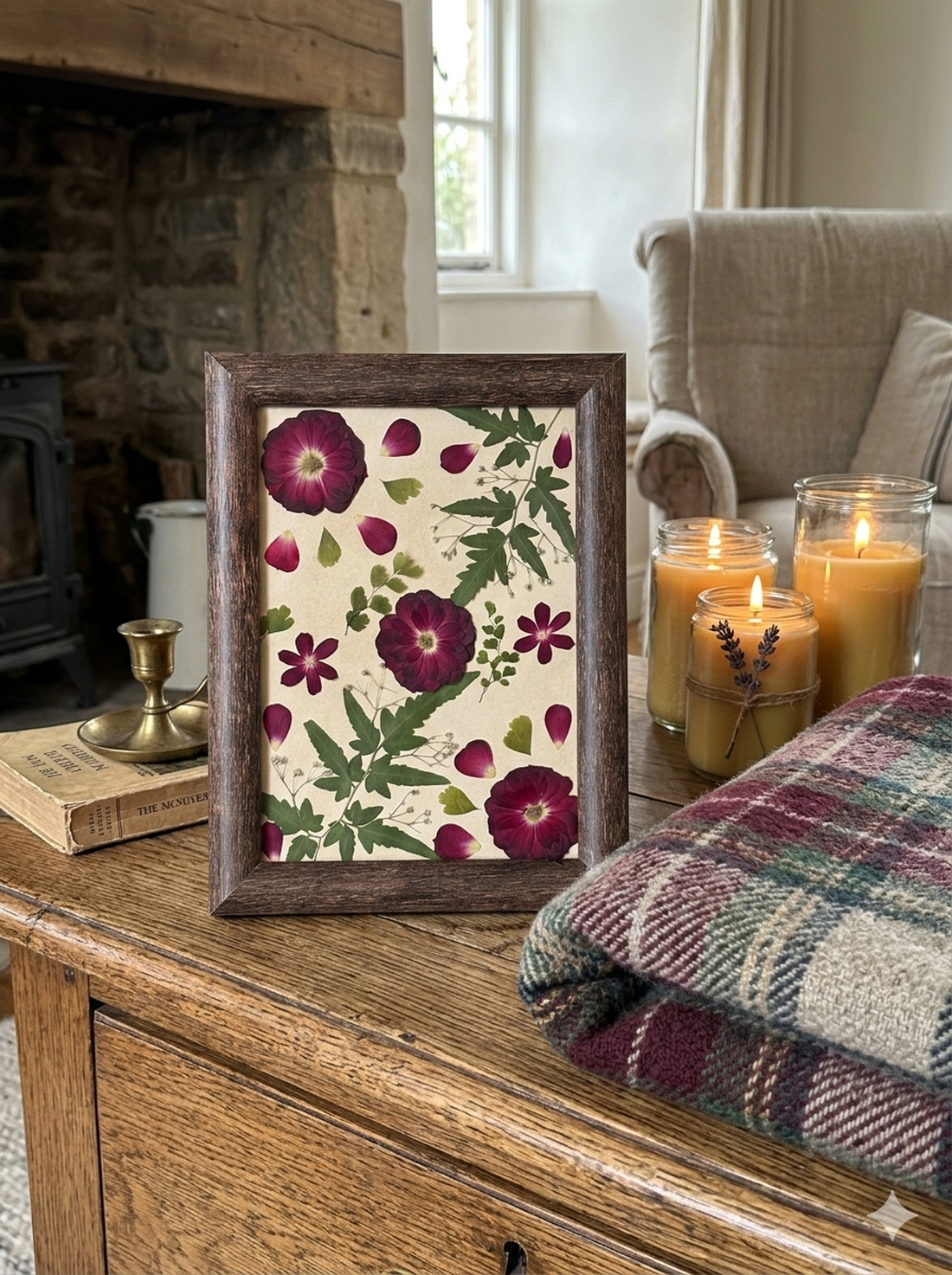 Tablou Botanic Minimalist � Compoziție cu Trandafiri Vișinii și Ferigă Presată, Ramă Lemn 16x21 cm - casă & stil de viață - decorațiuni de casă - accesorii florale - buchete de flori - Artynos.ro