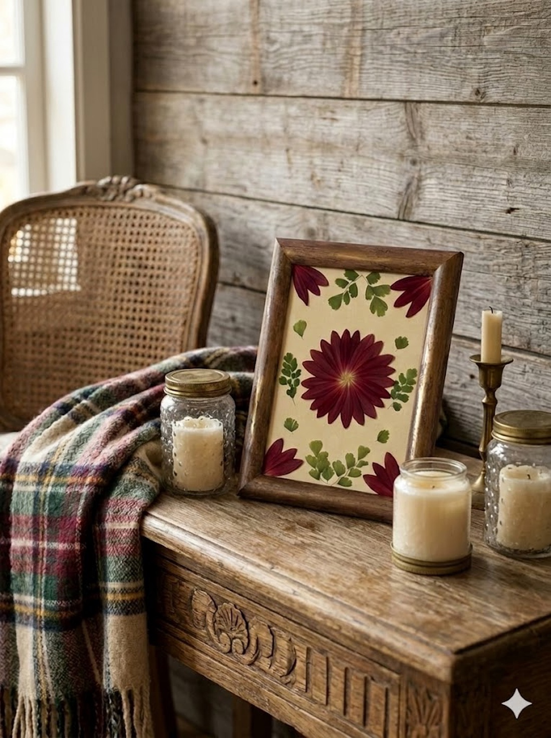 Tablou Botanic Minimalist � Flori Presate Bordeaux și Ferigă, Ramă  16x21 cm - casă & stil de viață - decorațiuni de casă - accesorii florale - buchete de flori - Artynos.ro