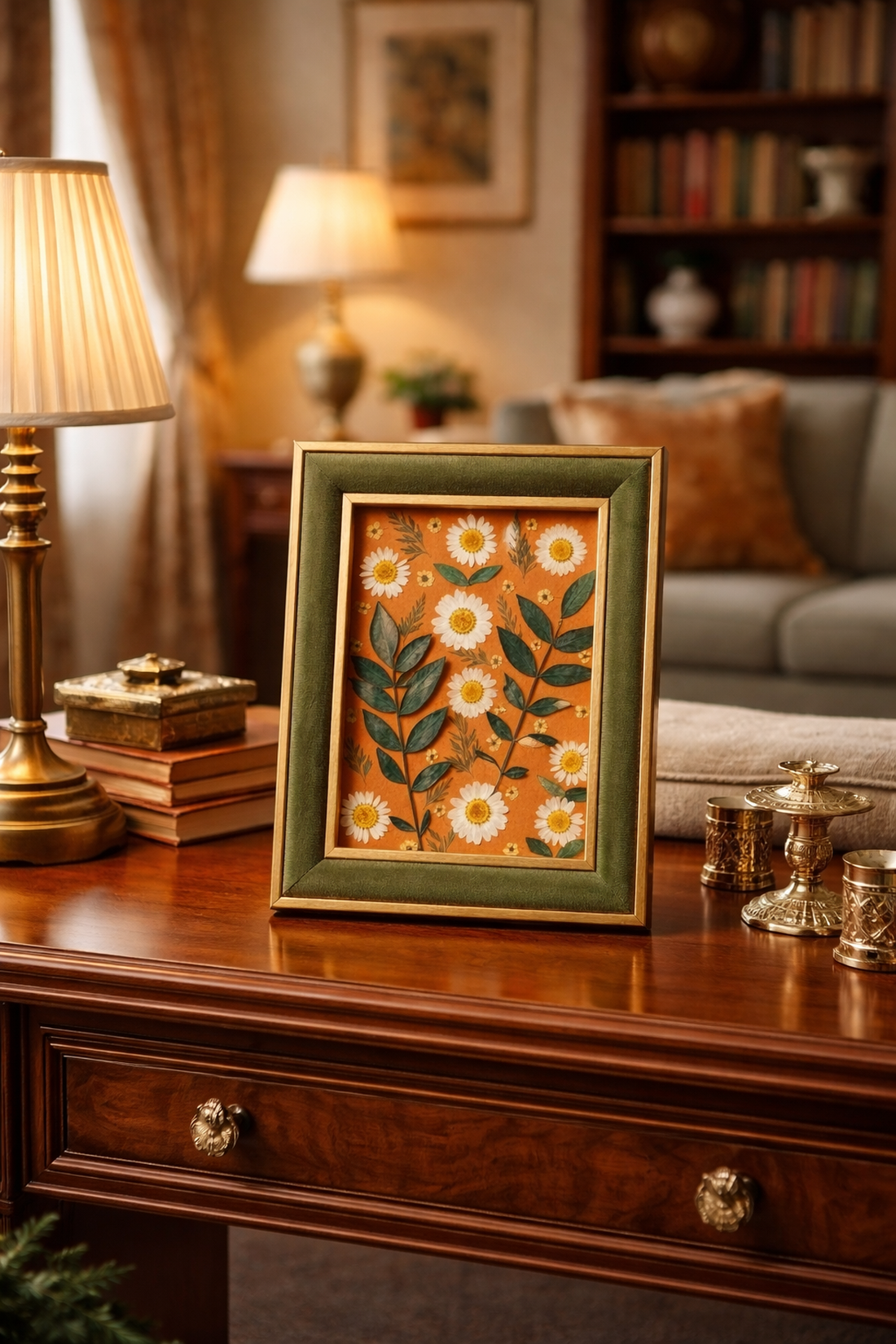 Tablou Handmade cu Flori Presate, Ramă Catifea Verde, 18x23 cm - casă & stil de viață - decorațiuni de casă - accesorii florale - buchete de flori - Artynos.ro