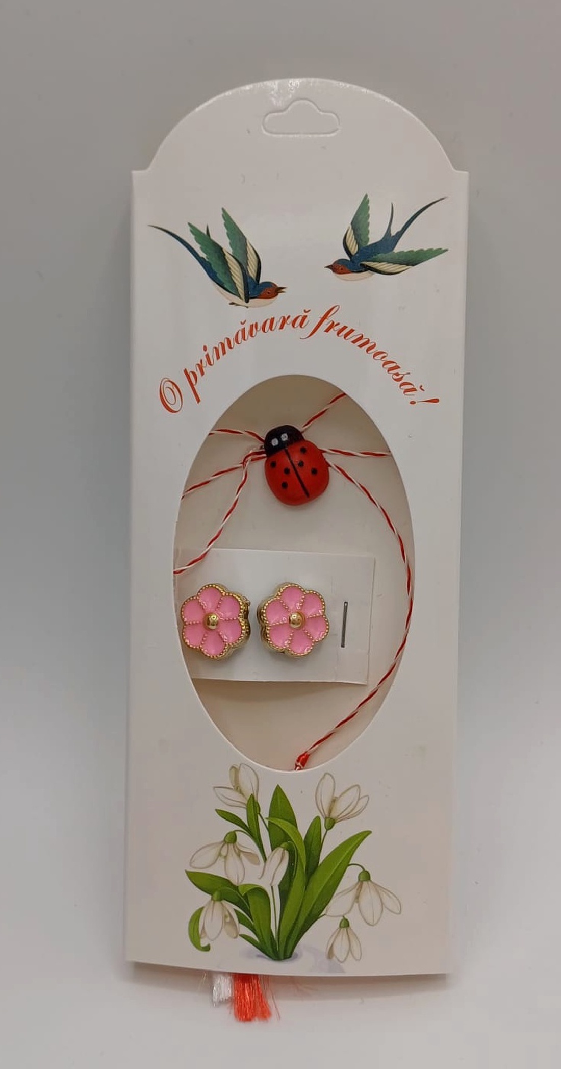 Butoni de cămașă 1 pereche tip mărțișor � floare roz cu buburuză ,se poarta tot anul  - bijuterii - mărțișor - Artynos.ro