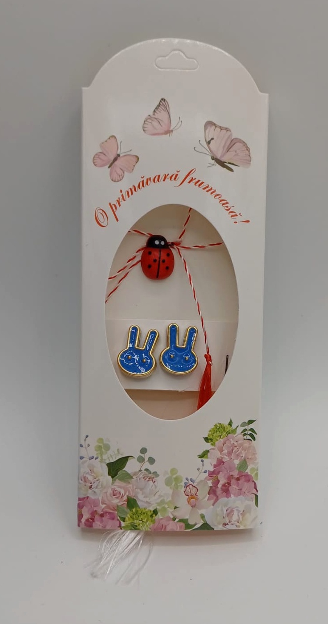 Butoni de cămașă 1 pereche ,tip mărțișor � iepurasi la bubu albastri cu buburuză  - bijuterii - mărțișor - Artynos.ro