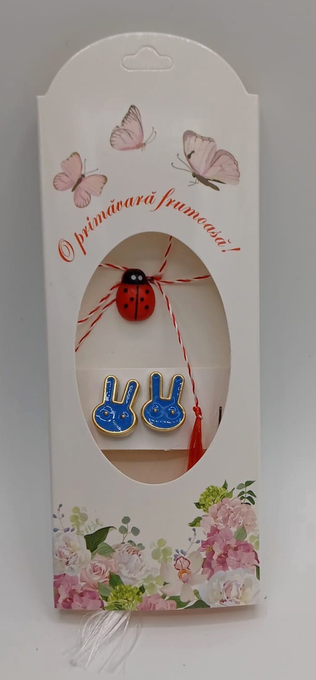 Butoni de cămașă 1 pereche ,tip mărțișor � iepurasi la bubu albastri cu buburuză  - bijuterii - mărțișor - Artynos.ro