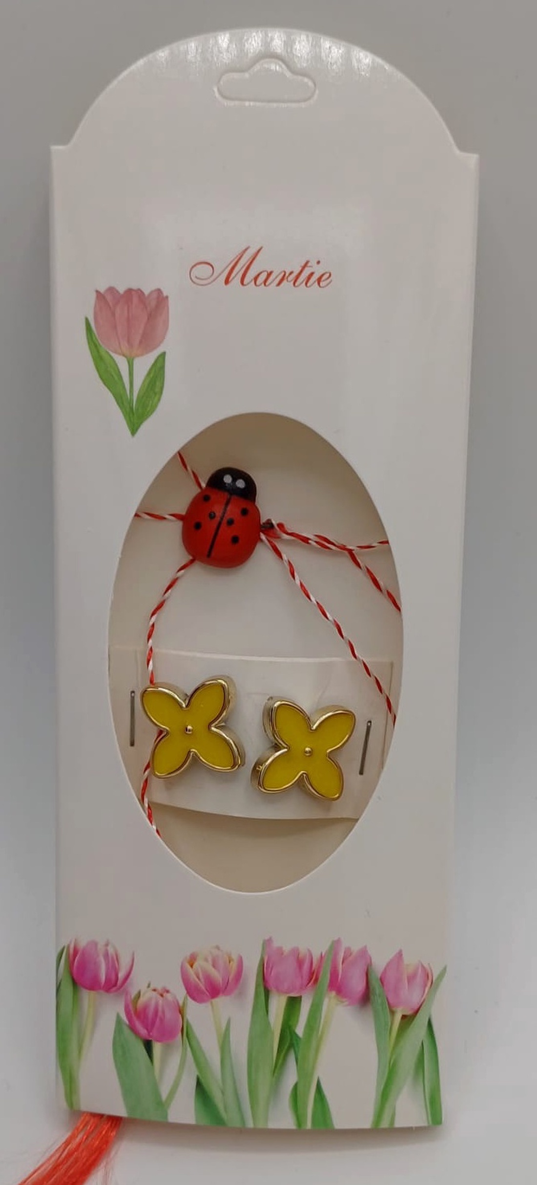 Butoni de cămașă ,1pereche tip mărțișor � floare galbenă cu buburuză,se poarta tot anul la haine - bijuterii - mărțișor - Artynos.ro