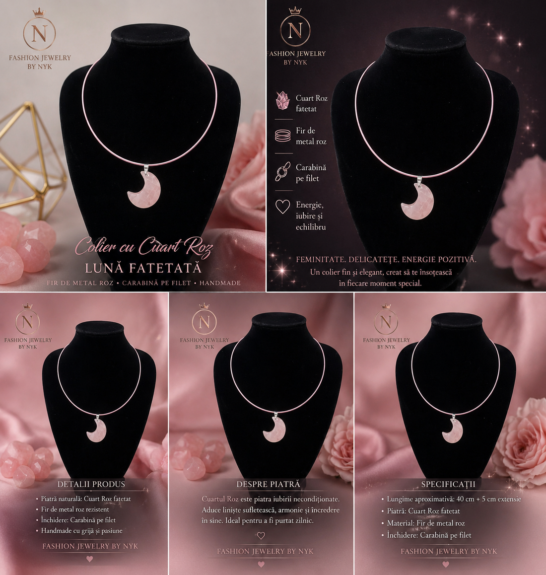 Colier cu Luna din Quartz Roz pe fir de metal roz si carabina filetata. - bijuterii - coliere - coliere cu pandative - Artynos.ro
