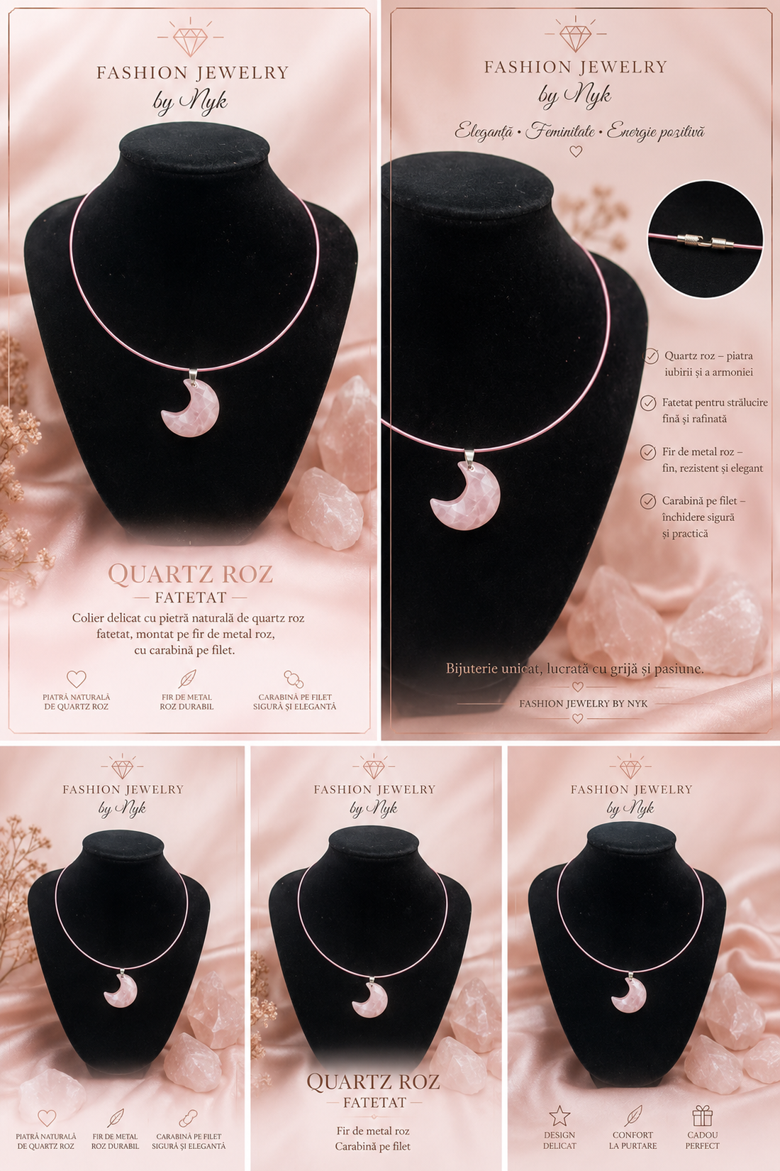 Colier cu Luna din Quartz Roz pe fir de metal roz si carabina filetata. - bijuterii - coliere - coliere cu pandative - Artynos.ro