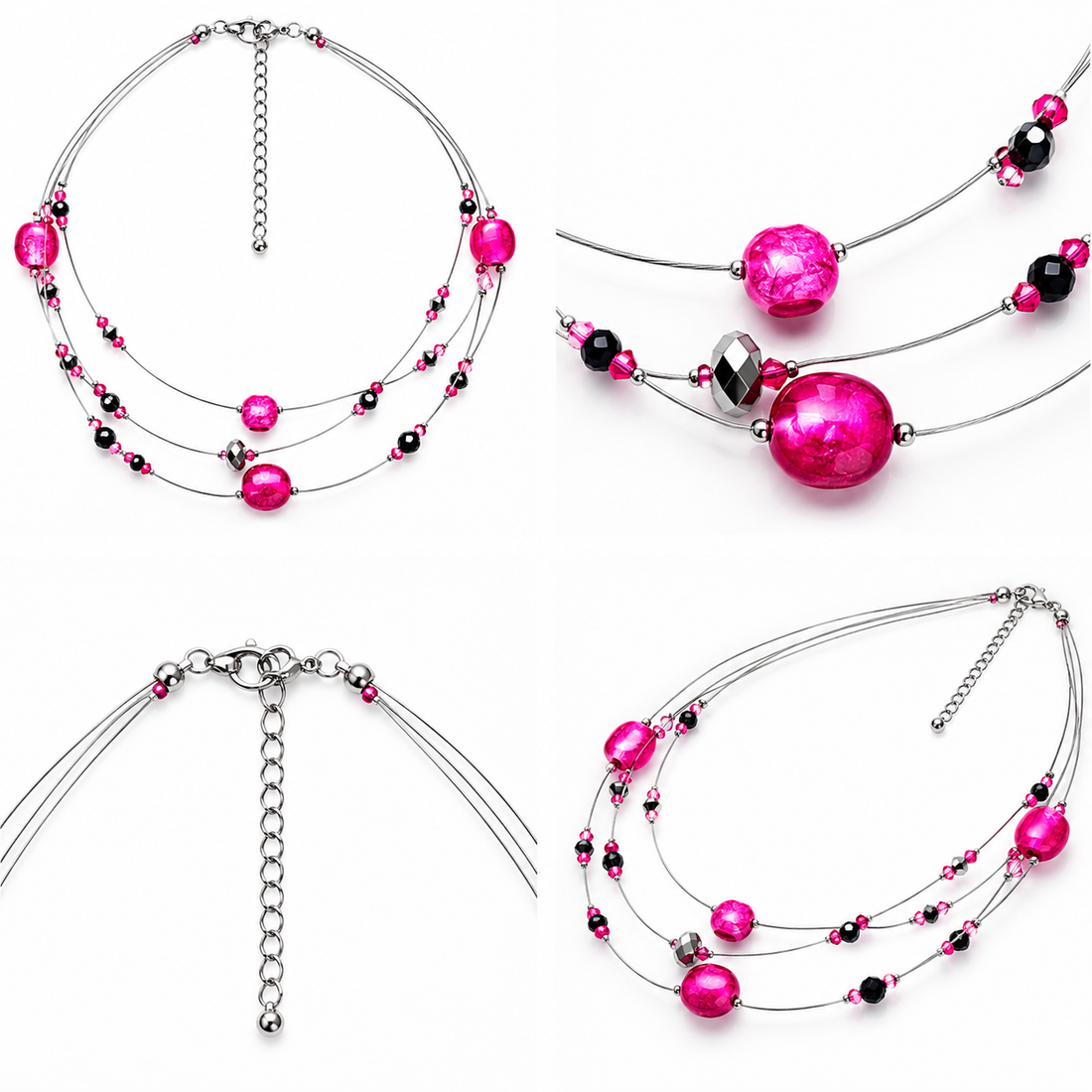 Colier pe fir de metal inoxidabil cu perle fucsia - bijuterii - coliere - coliere cu multiple șiruri - Artynos.ro