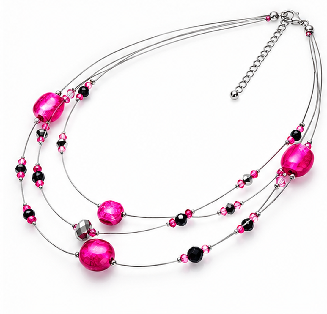 Colier pe fir de metal inoxidabil cu perle fucsia - bijuterii - coliere - coliere cu multiple șiruri - Artynos.ro