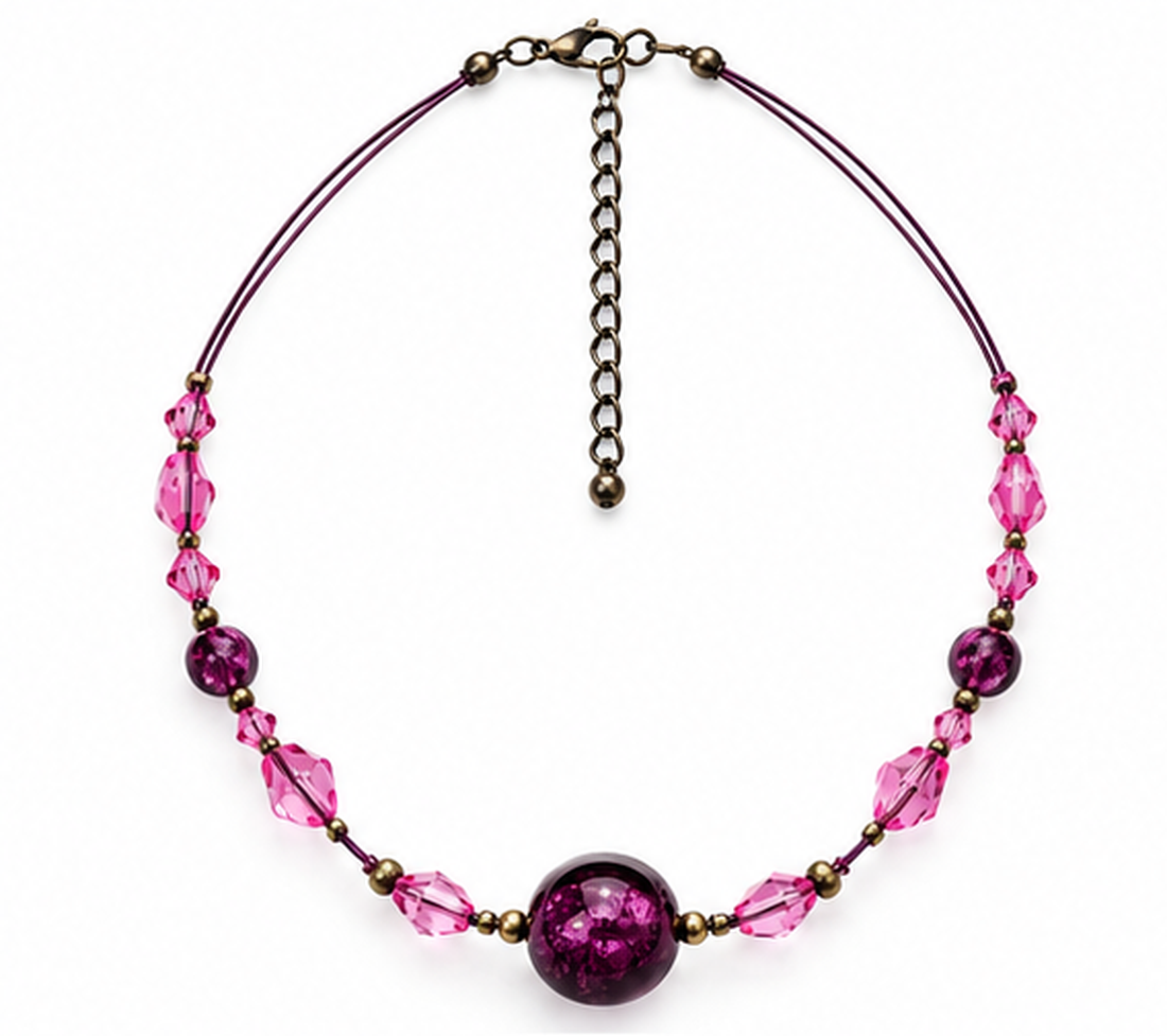 Colier cu fir negru de metal si perle fucsia - bijuterii - coliere - coliere cu multiple șiruri - Artynos.ro