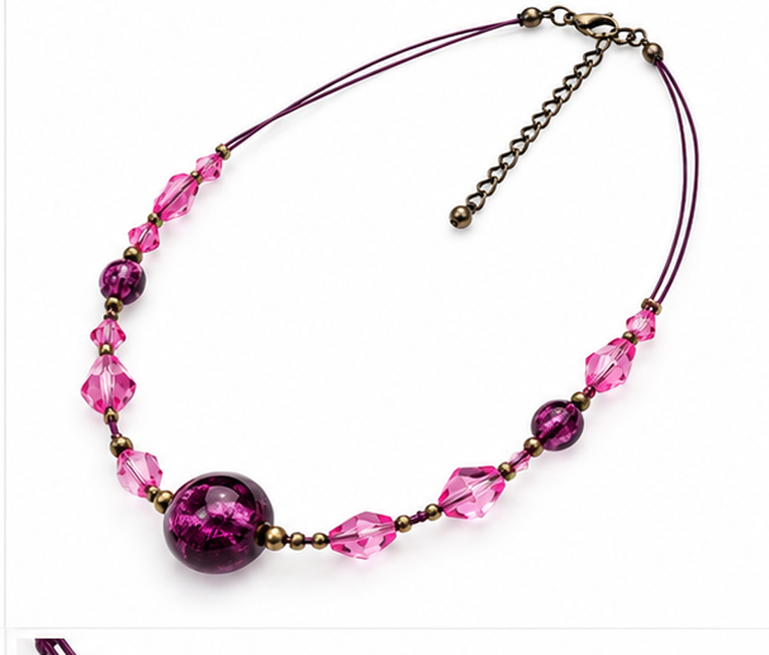 Colier cu fir negru de metal si perle fucsia - bijuterii - coliere - coliere cu multiple șiruri - Artynos.ro