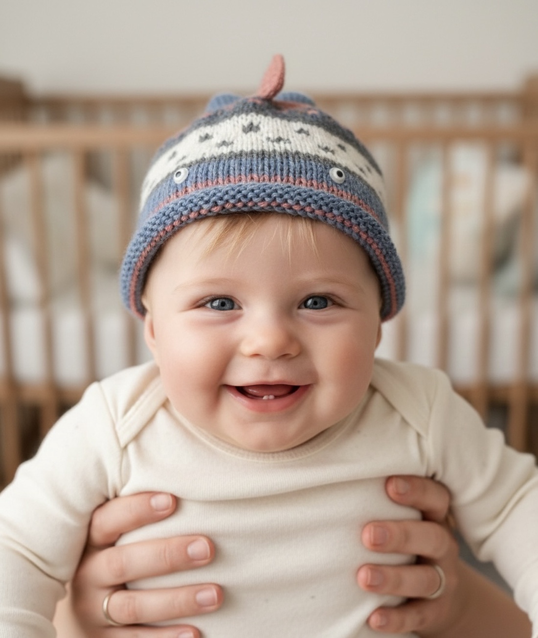 Căciulă tricotată pentru bebeluși � Model Peștișor, din fire naturale (44-46 cm) - jucării și echipamente pentru copii - saci și seturi pentru copii - pernă pentru copii, pernă micuță - Artynos.ro