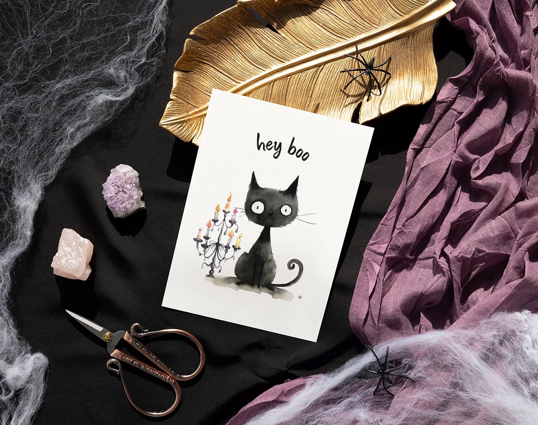 Hey Boo Halloween carte poștală, felicitare pisică, cadou set de 4 - - Artynos.ro Hey Boo Halloween carte poștală, felicitare pisică, cadou set de 4 - - Artynos.ro