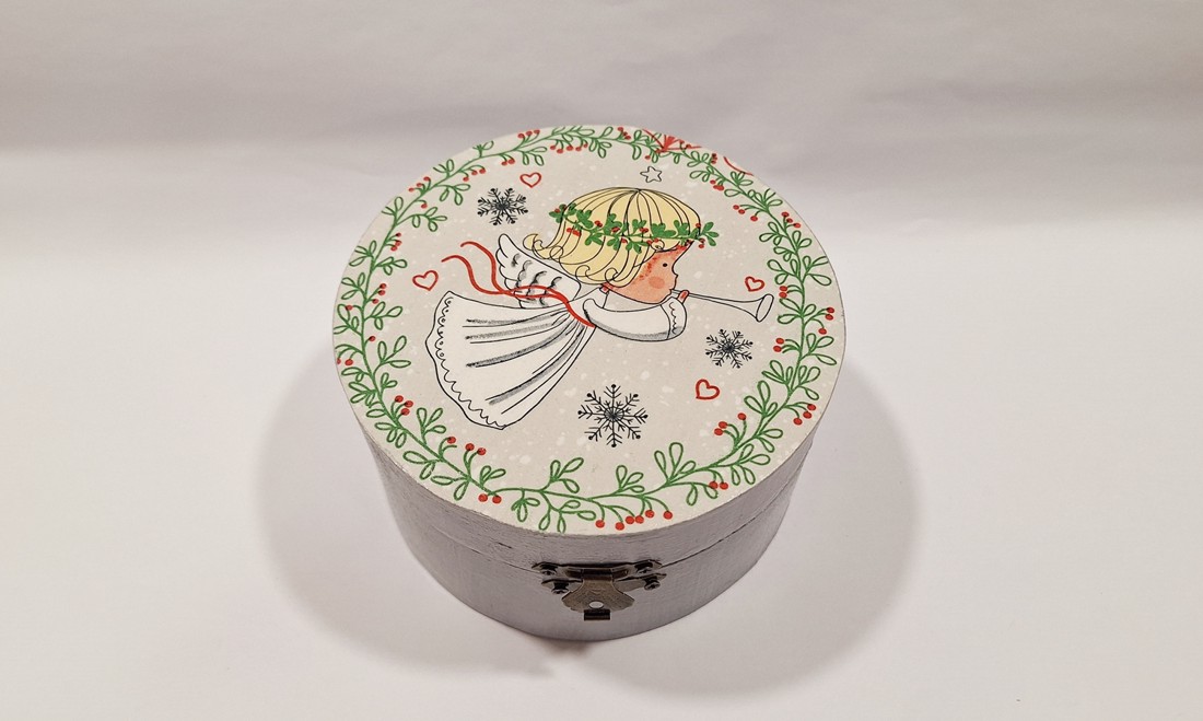 Cutie rotundă cu îngerași de Crăciun � cutie decorativă pentru bradul de Crăciun -  - Artynos.ro