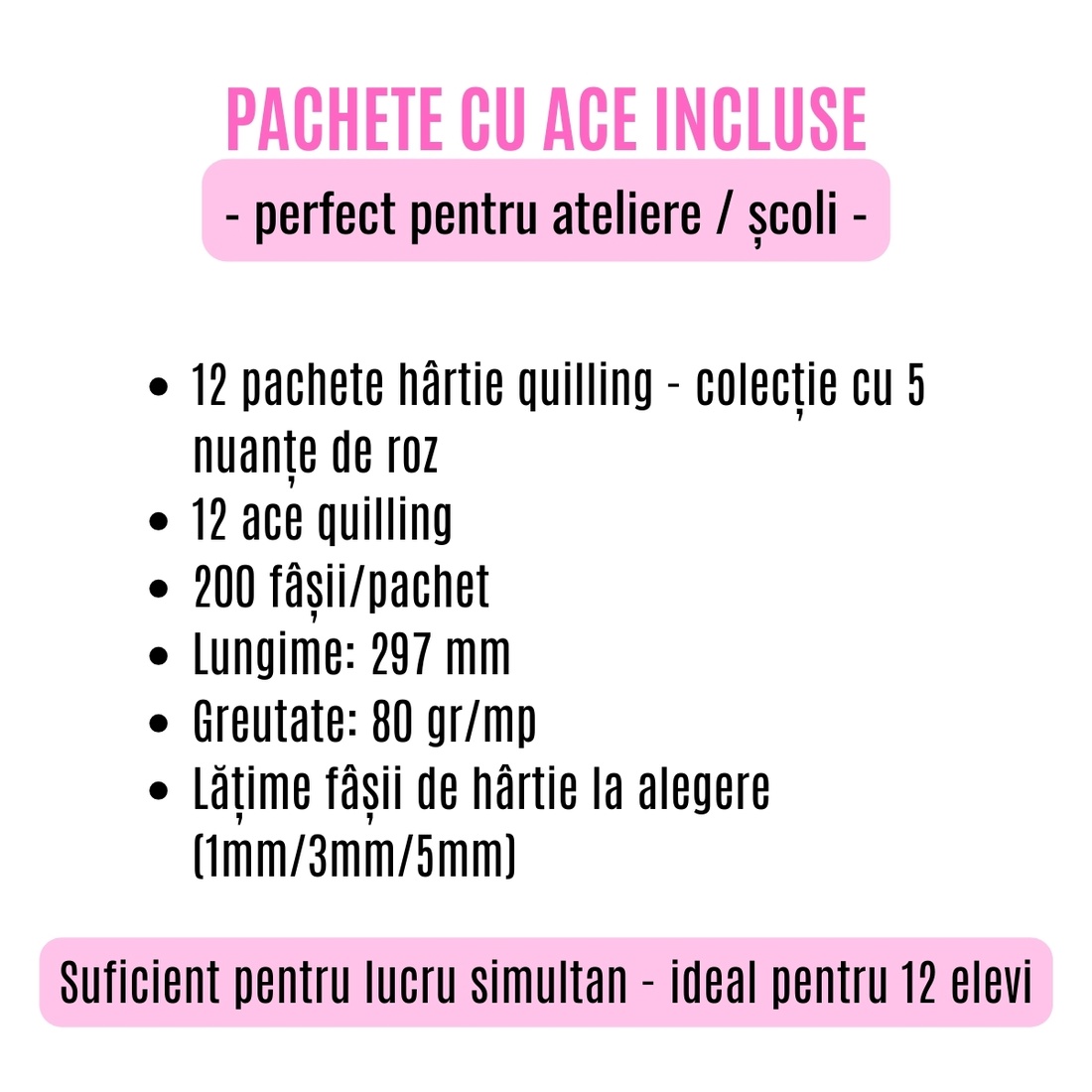 Pachet scoli cu ac inclus - hartie quilling colectie 5 nuante de roz -  latime 1 mm/3 mm/5 mm - pentru 12 elevi - accessorii și unelte - hârtie - alte hârtii - Artynos.ro