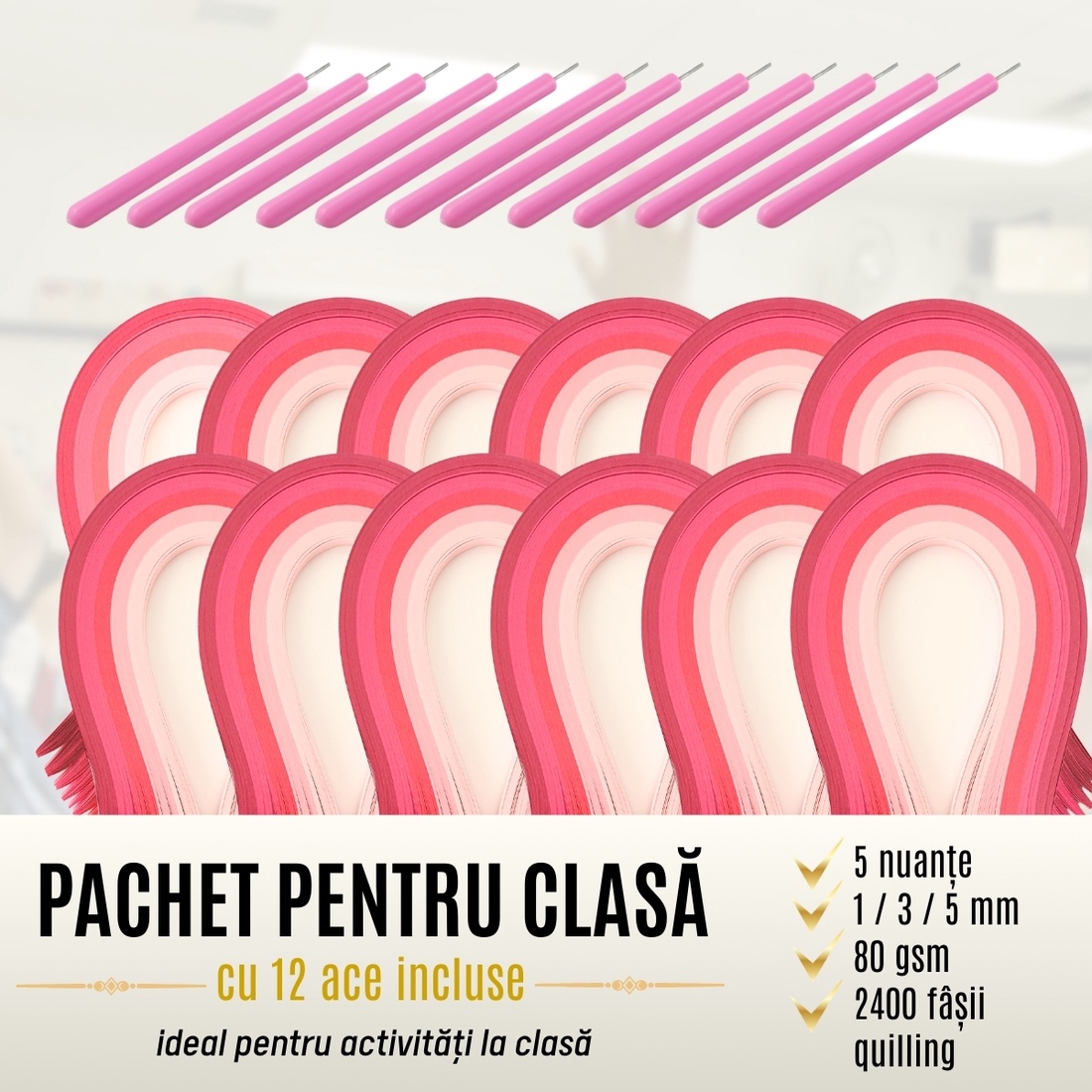 Pachet scoli cu ac inclus - hartie quilling colectie 5 nuante de roz -  latime 1 mm/3 mm/5 mm - pentru 12 elevi - accessorii și unelte - hârtie - alte hârtii - Artynos.ro