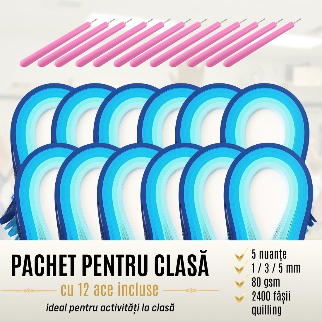 Livrare gratuita - Pachet scoli cu ac inclus - hartie quilling colectie 5 nuante de albastru -  latime 1 mm/3 mm/5 mm - accessorii și unelte - hârtie - alte hârtii - Artynos.ro