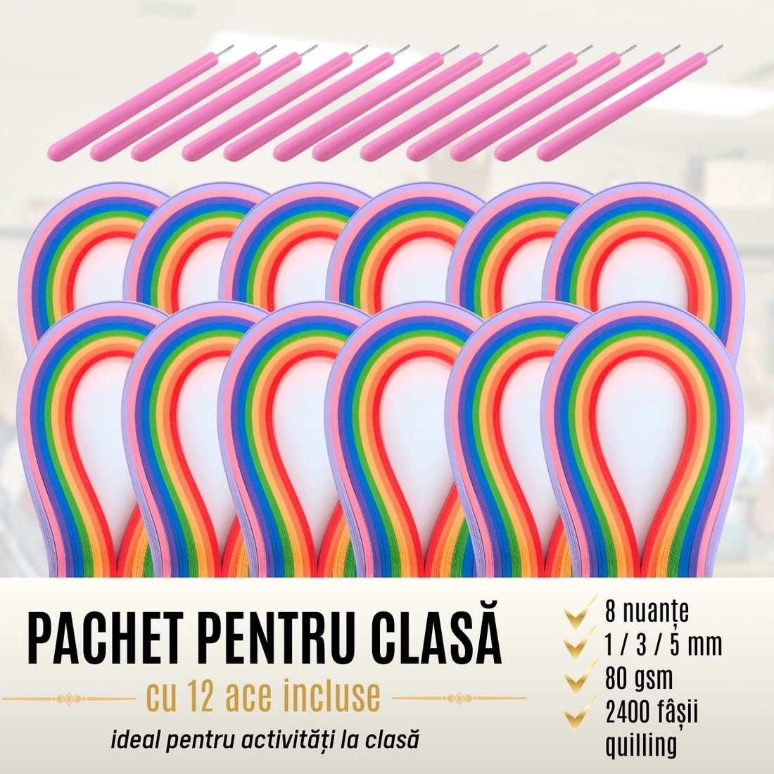 Pachet scoli cu ac inclus - hartie quilling colectie rainbow 8 culori -  latime 1 mm/3 mm/5 mm - pentru 12 elevi - accessorii și unelte - hârtie - alte hârtii - Artynos.ro