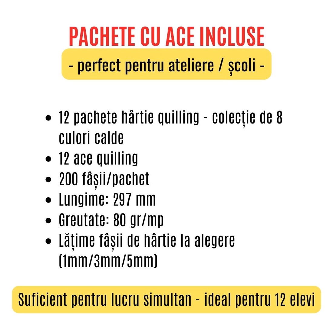 Pachet scoli cu ac inclus - hartie quilling colectie de 8 culori calde -  latime 1 mm/3 mm/5 mm - pentru 12 elevi - accessorii și unelte - hârtie - alte hârtii - Artynos.ro