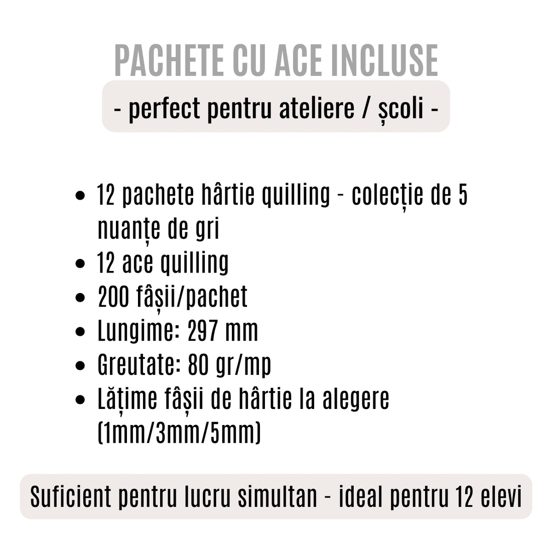 Pachet scoli cu ac inclus - hartie quilling colectie 5 nuante de gri -  latime 1 mm/3 mm/5 mm - pentru 12 elevi - accessorii și unelte - hârtie - alte hârtii - Artynos.ro
