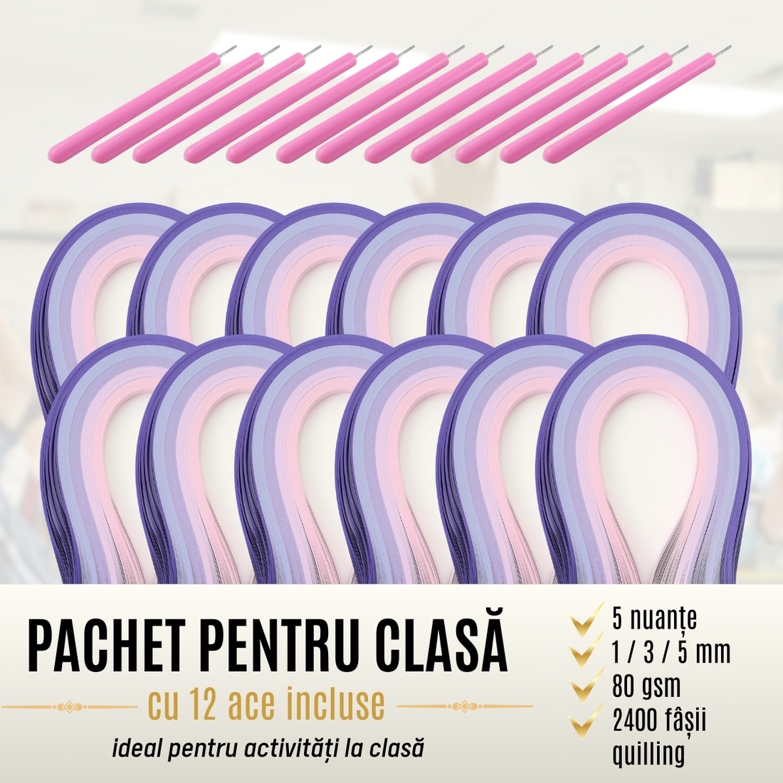 Pachet scoli cu ac inclus - hartie quilling colectie 5 nuante de mov -  latime 1 mm/3 mm/5 mm - pentru 12 elevi - accessorii și unelte - hârtie - alte hârtii - Artynos.ro