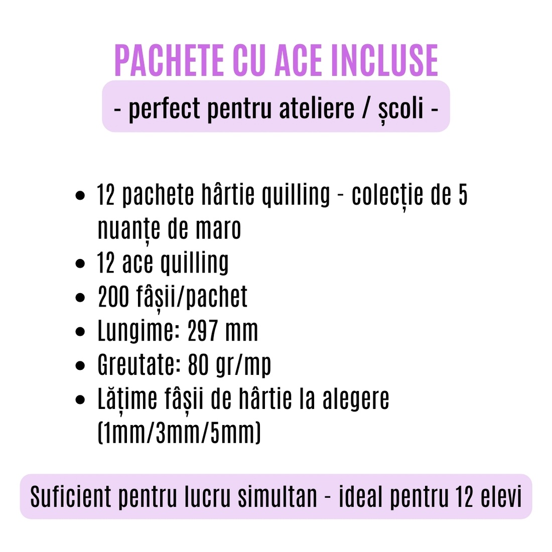 Pachet scoli cu ac inclus - hartie quilling colectie 5 nuante de mov -  latime 1 mm/3 mm/5 mm - pentru 12 elevi - accessorii și unelte - hârtie - alte hârtii - Artynos.ro