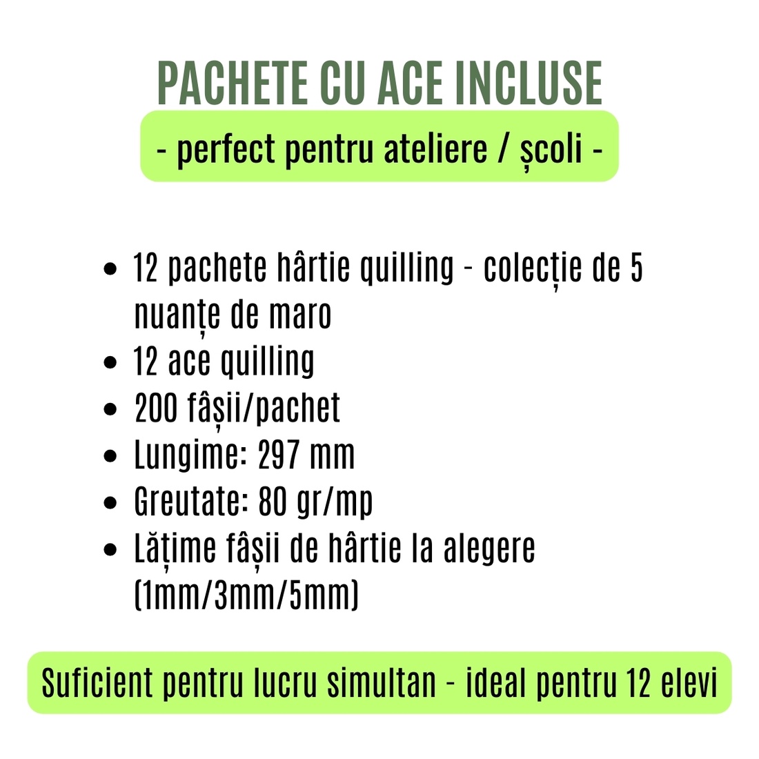 Pachet scoli cu ac inclus - hartie quilling colectie 5 nuante de verde -  latime 1 mm/3 mm/5 mm - pentru 12 elevi - accessorii și unelte - hârtie - alte hârtii - Artynos.ro