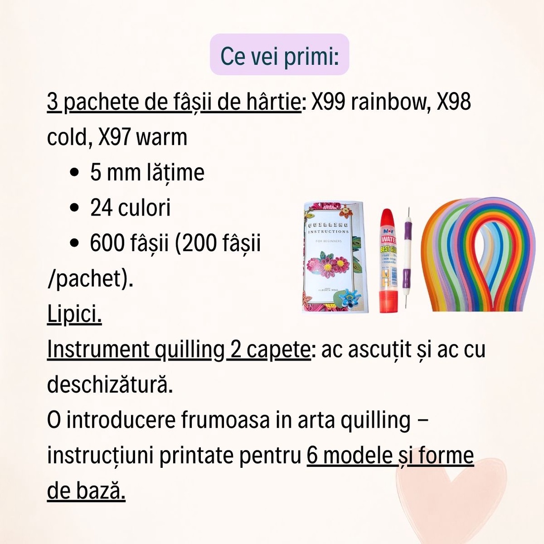 Kit quilling pentru începători � set creativ relaxant cu hârtie, unelte și 6 tutoriale - diy - pregătește-ți singur - pachete diy, kituri - Artynos.ro