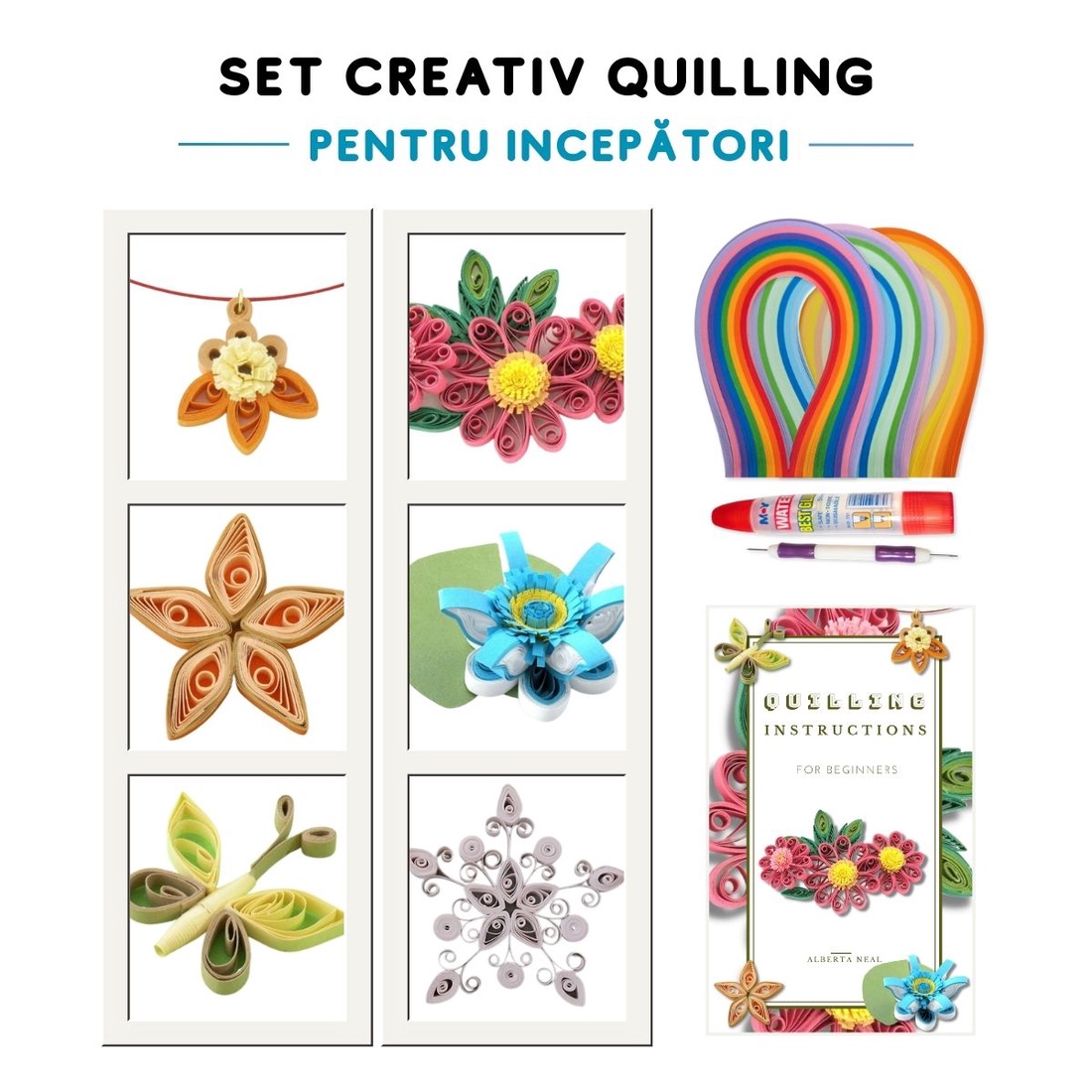 Kit quilling pentru începători � set creativ relaxant cu hârtie, unelte și 6 tutoriale - diy - pregătește-ți singur - pachete diy, kituri - Artynos.ro