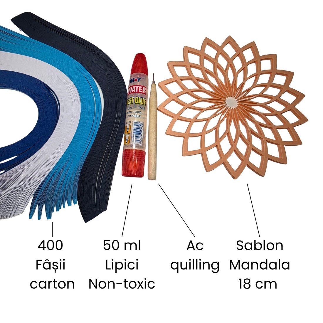 Kit creativ pentru mandală quilling 18 cm  � 400 fâșii, șablon reutilizabil, ac și lipici - accessorii și unelte - diy (descrieri) - șablon, ghid - Artynos.ro