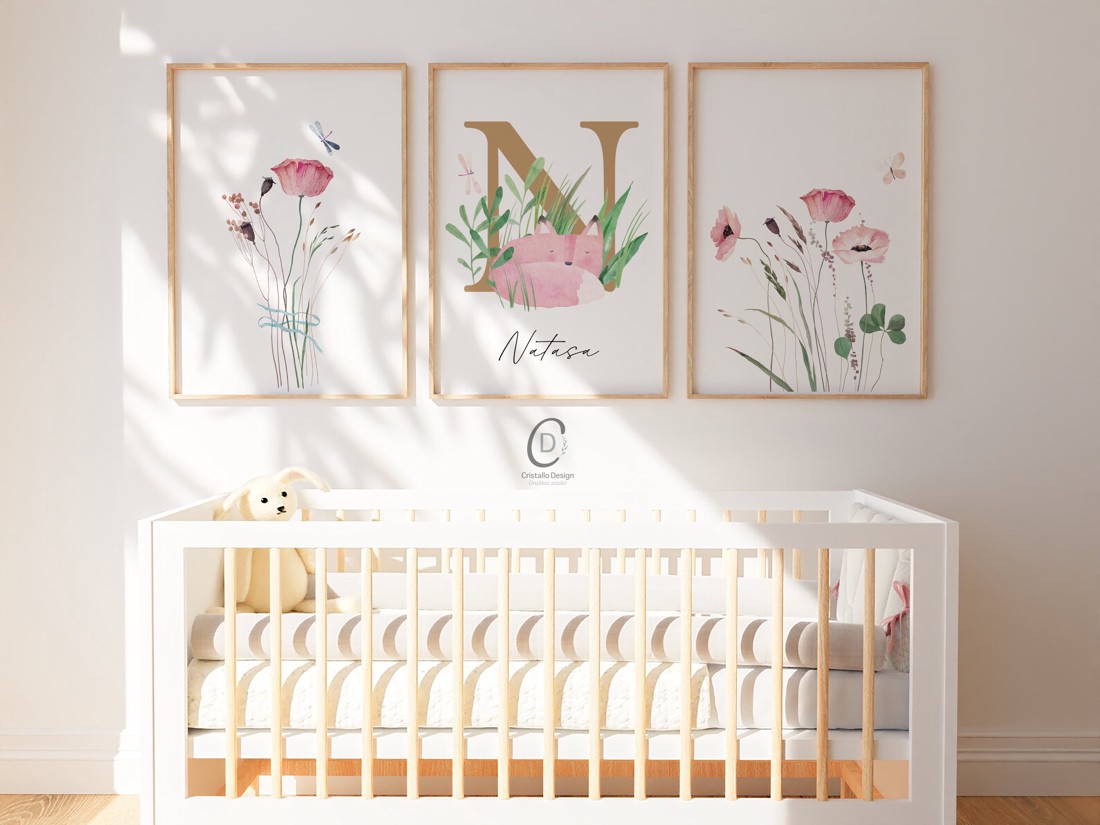 Litere, monogramă, imagine pentru ziua numelui, cadou de botez, decorare cameră copil, set de artă de perete cu flori sălbatice de 3 -  - Artynos.ro