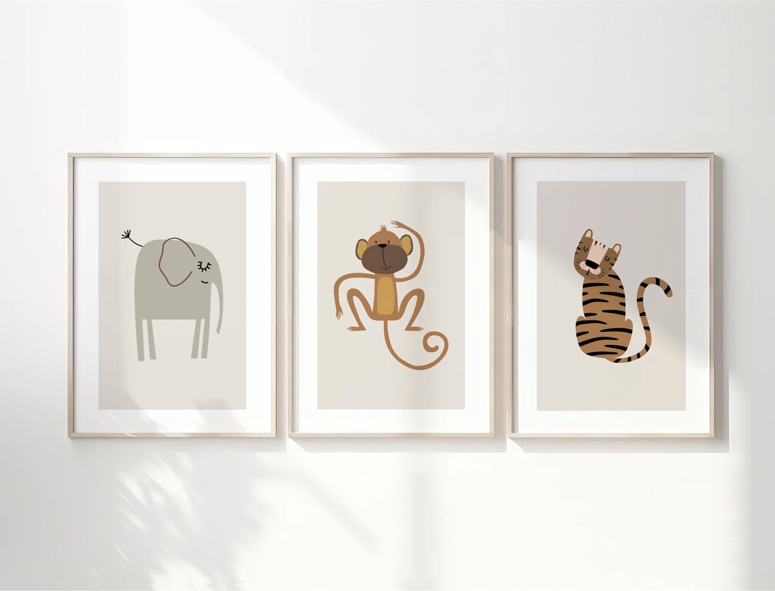 Safari animal imagine, serie poster minimal, camera de copii perete arta set 3 buc -  - Artynos.ro