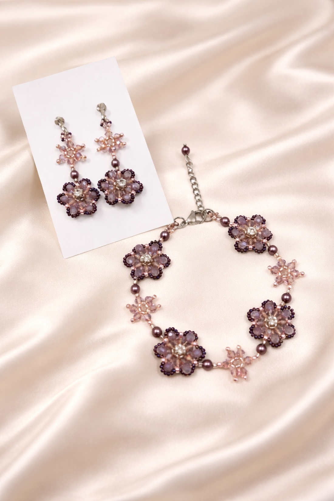 Set brățară si cercei mov ametist cu perle Swarovski - bijuterii - seturi de bijuterii - Artynos.ro