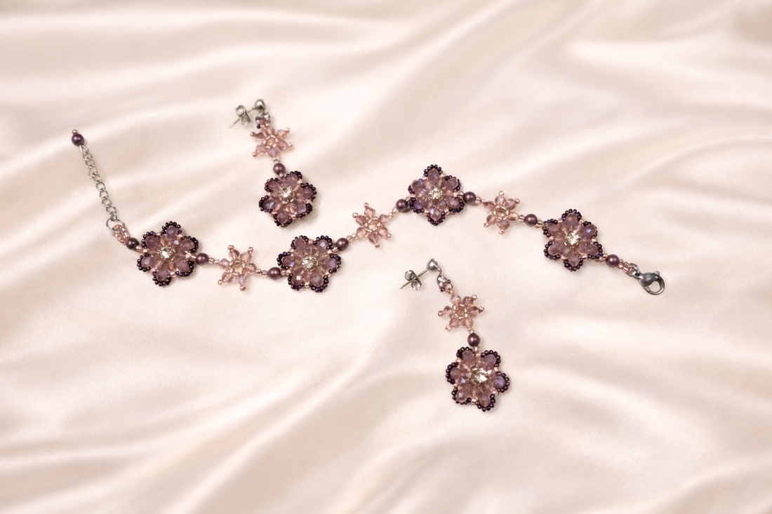 Set brățară si cercei mov ametist cu perle Swarovski - bijuterii - seturi de bijuterii - Artynos.ro