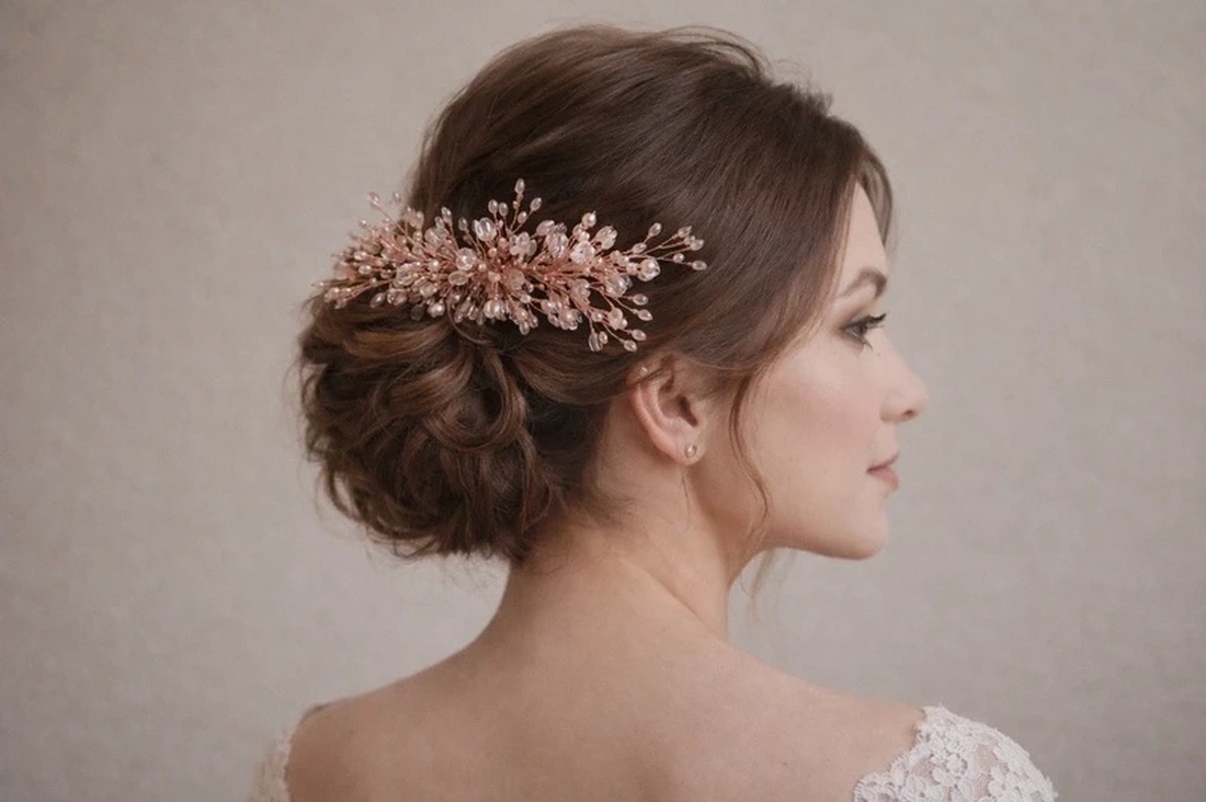 Pieptan elegant cu cristale roz-piersica - accesorii nuntă - ornamente de păr de nuntă - ornamente de păr mireasă - Artynos.ro