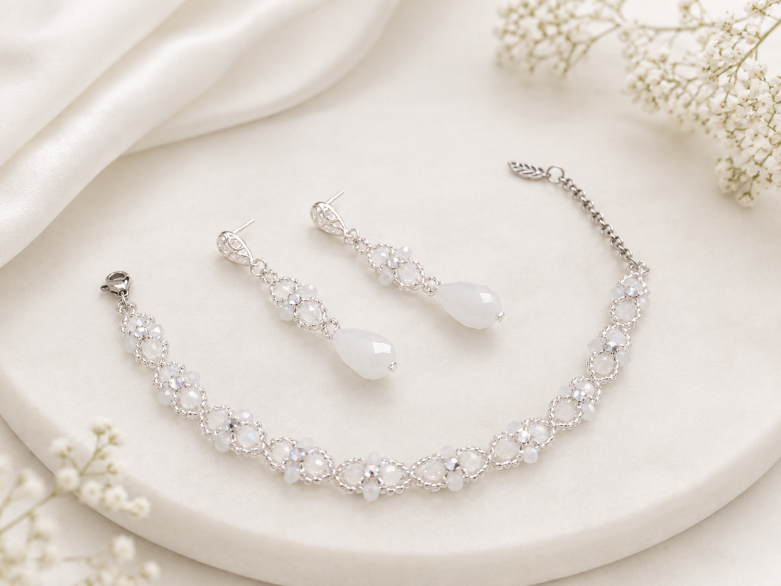 Set bratara si cercei mireasa - accesorii nuntă - bijuterii mireasă - set bijuterii de mireasă - Artynos.ro