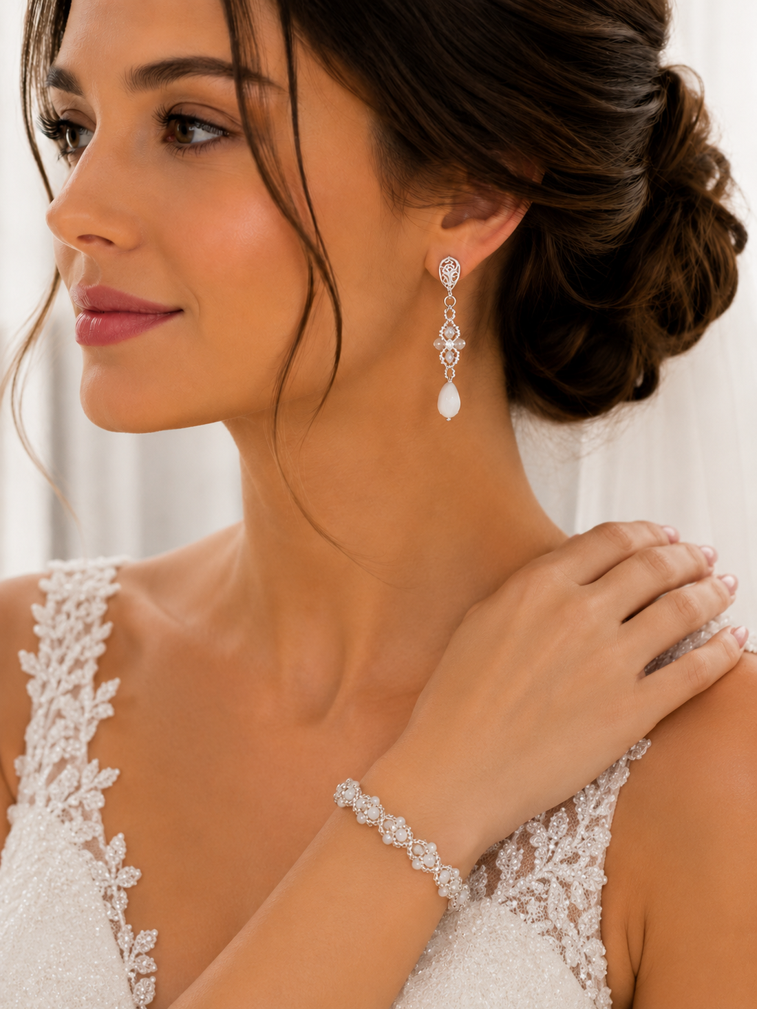 Set bratara si cercei mireasa - accesorii nuntă - bijuterii mireasă - set bijuterii de mireasă - Artynos.ro