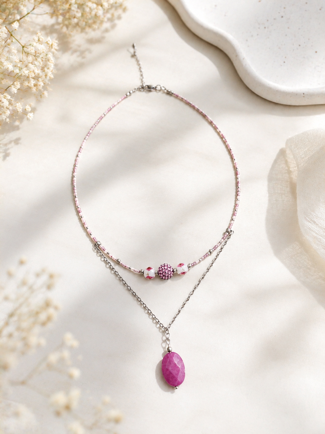 Colier inox si jad Pink Elegance - bijuterii - coliere - coliere din mărgele - Artynos.ro