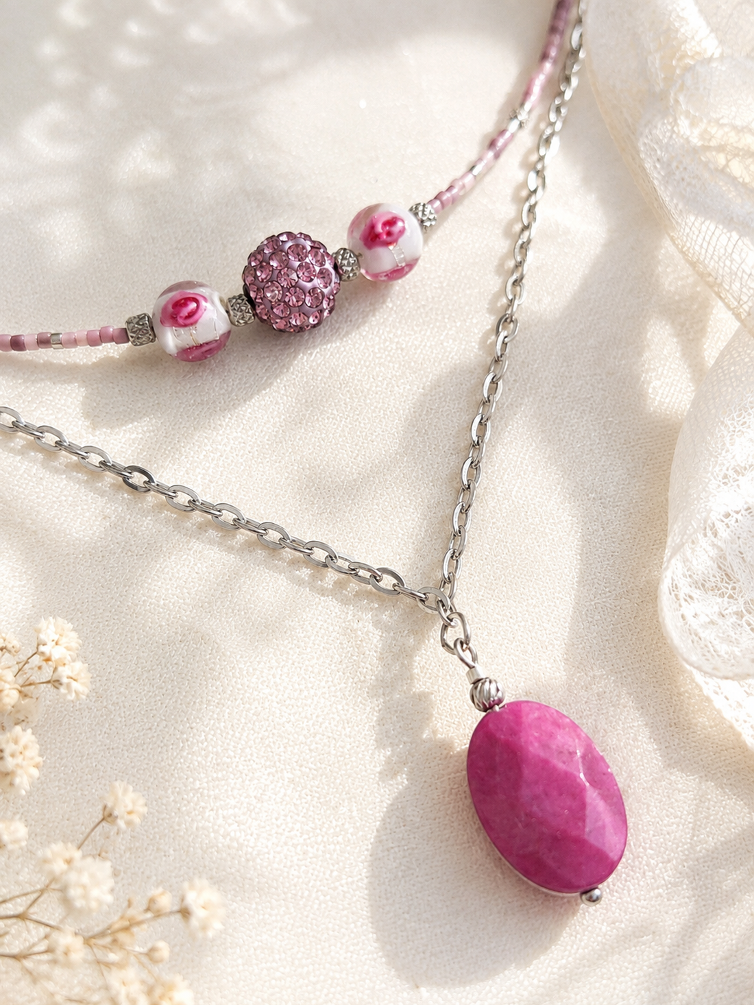 Colier inox si jad Pink Elegance - bijuterii - coliere - coliere din mărgele - Artynos.ro