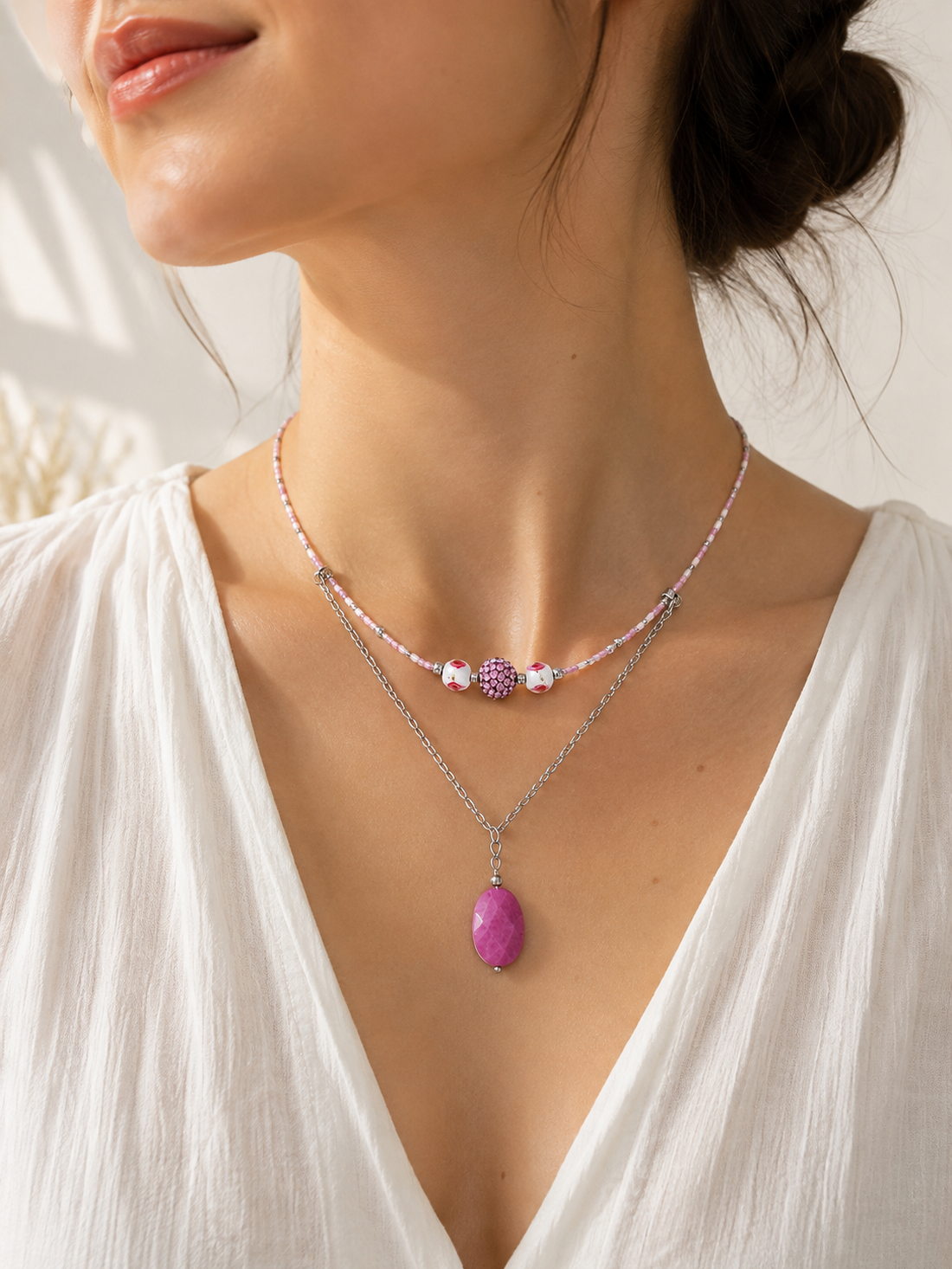 Colier inox si jad Pink Elegance - bijuterii - coliere - coliere din mărgele - Artynos.ro