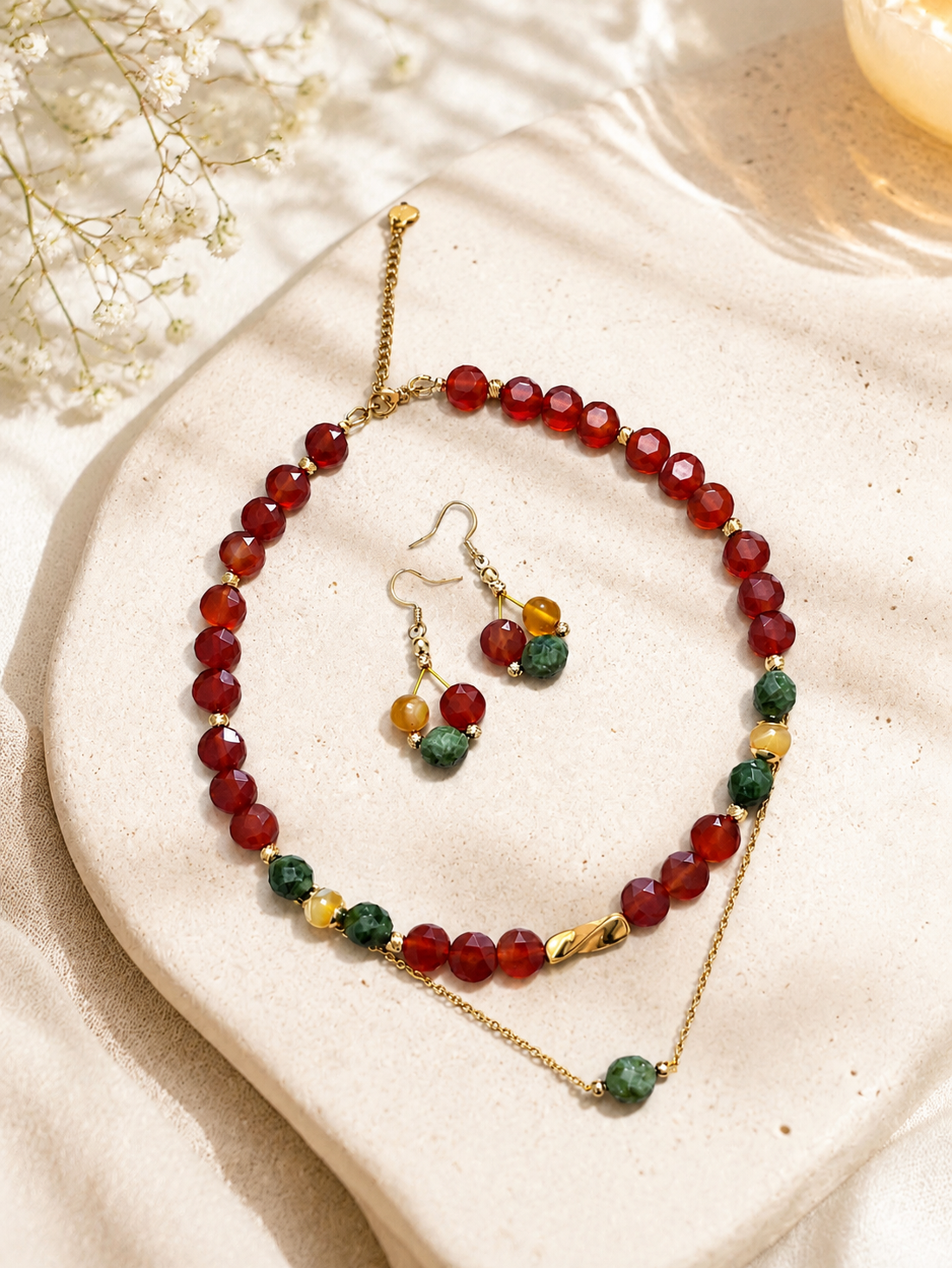 Set Toamna aurie colier/choker si cercei carneol, jad, agate - bijuterii - seturi de bijuterii - Artynos.ro