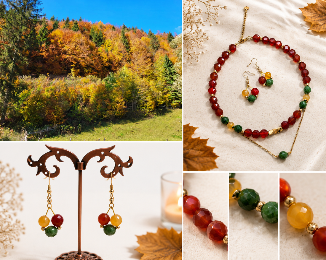 Set Toamna aurie colier/choker si cercei carneol, jad, agate - bijuterii - seturi de bijuterii - Artynos.ro