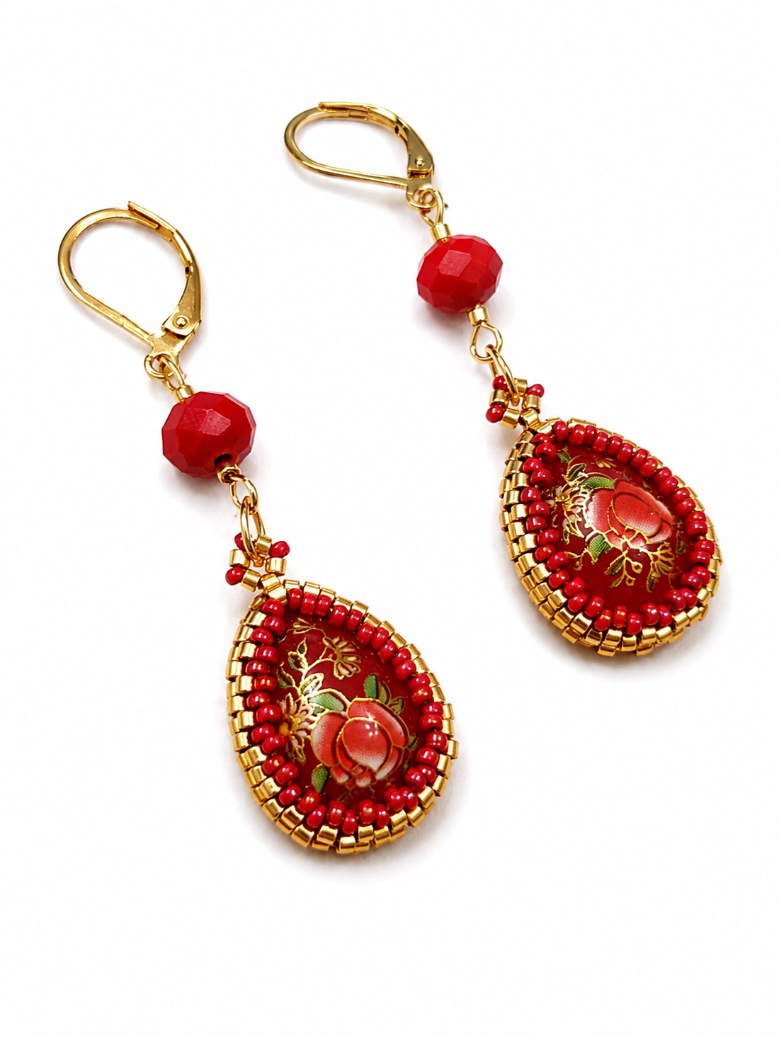 Set handmade colier și cercei cu cabochoane Tensha si coral rosu - bijuterii - seturi de bijuterii - Artynos.ro