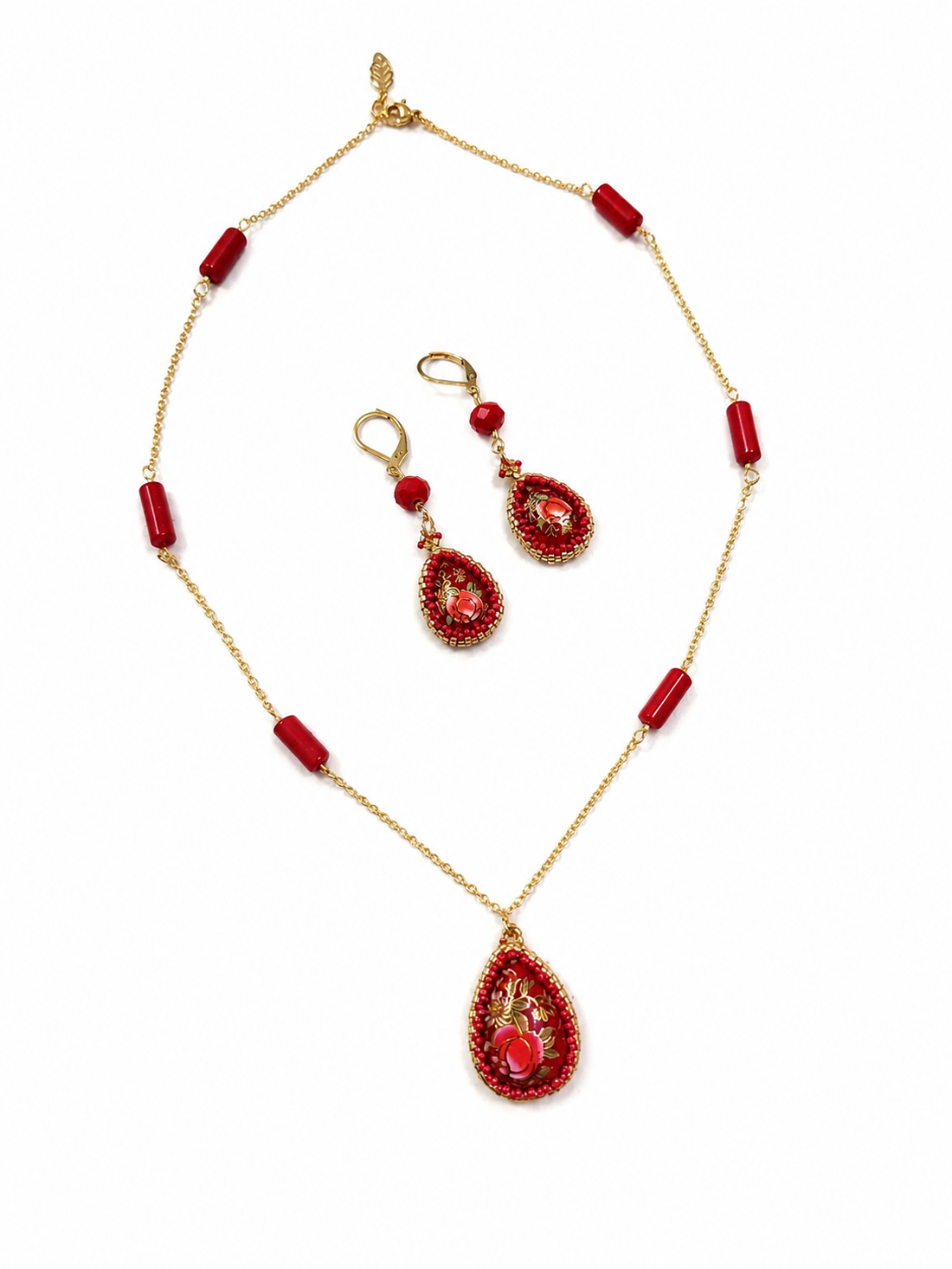 Set handmade colier și cercei cu cabochoane Tensha si coral rosu - bijuterii - seturi de bijuterii - Artynos.ro